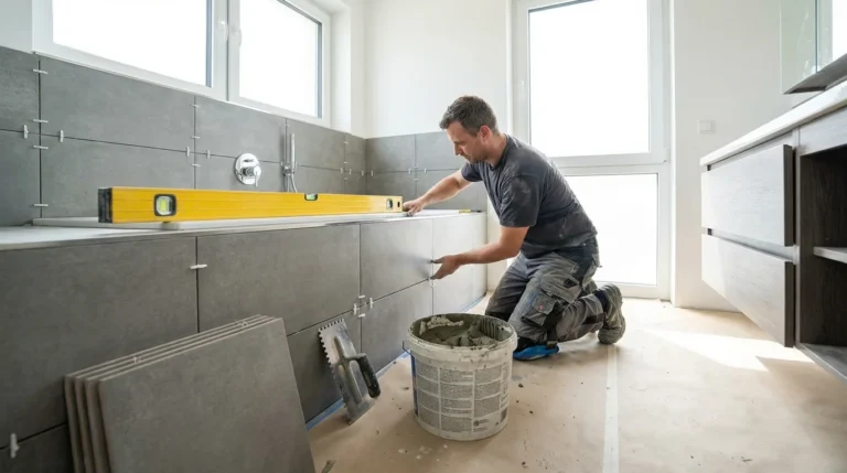 Jak położyć płytki w łazience - profesjonalne układanie glazury z poziomica i krzyżykami dystansowymi na ścianie łazienkowej