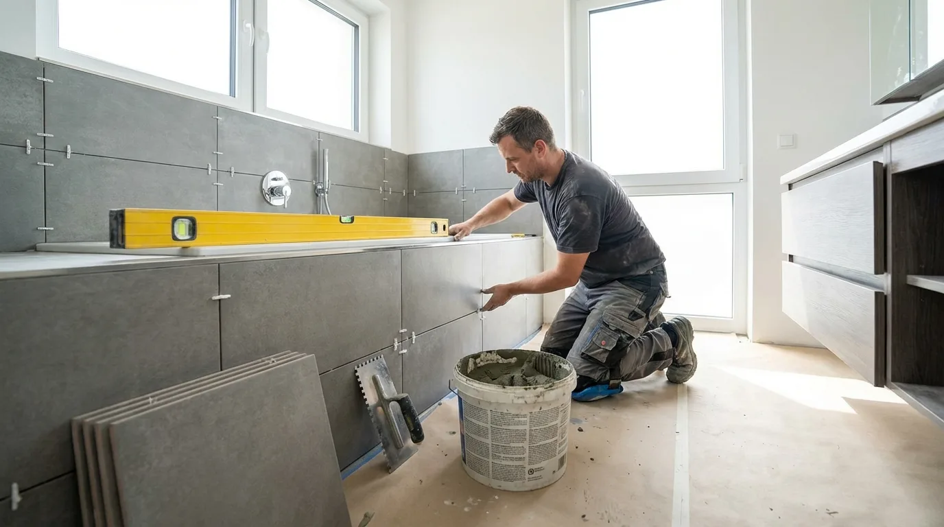 Jak położyć płytki w łazience - profesjonalne układanie glazury z poziomica i krzyżykami dystansowymi na ścianie łazienkowej