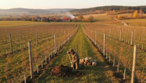 Kiedy sadzić drzewa owocowe - profesjonalne sadzenie jabłoni jesienią 2026 z przygotowanym dołem sadowniczym i kompostem