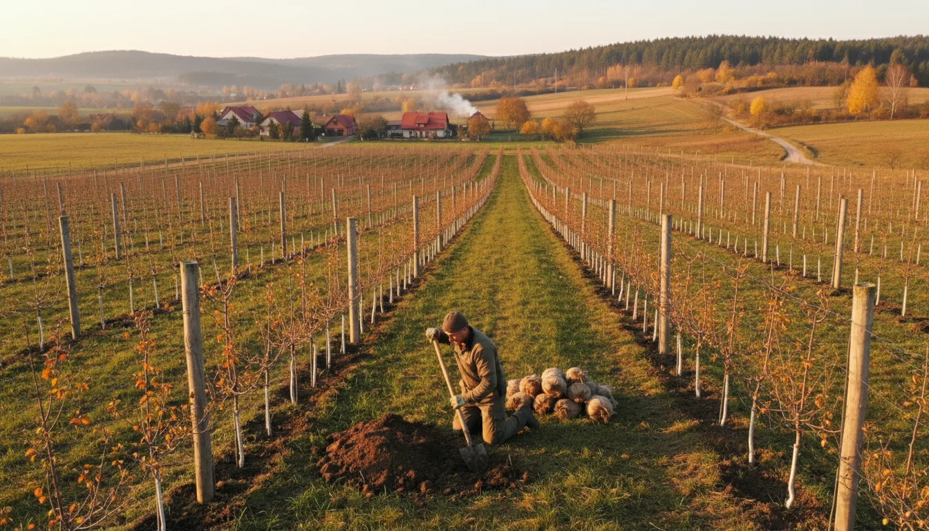 Kiedy sadzić drzewa owocowe - profesjonalne sadzenie jabłoni jesienią 2026 z przygotowanym dołem sadowniczym i kompostem