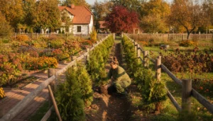 Kiedy sadzić tuje jesienią 2026 - profesjonalne sadzenie żywopłotu z tui przy ogrodzeniu z przygotowanym dołem