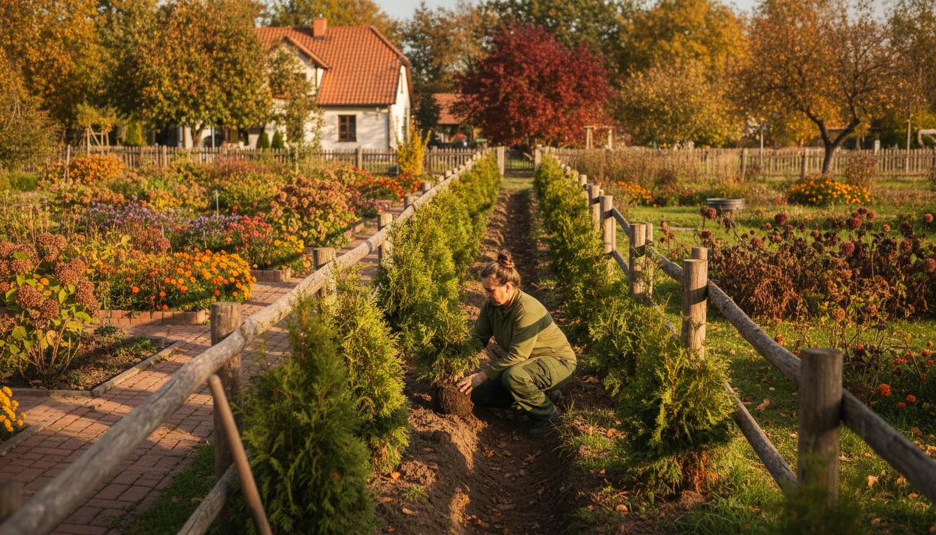 Kiedy sadzić tuje jesienią 2026 - profesjonalne sadzenie żywopłotu z tui przy ogrodzeniu z przygotowanym dołem