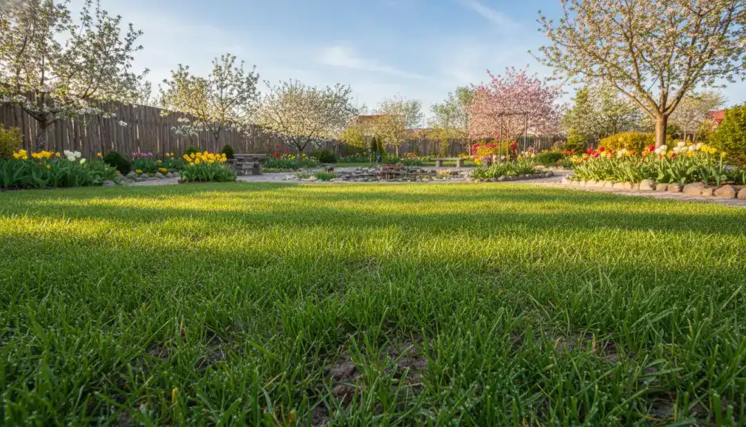 Kiedy siać trawę - młody zielony trawnik wiosenny z kiełkującą trawą w polskim ogrodzie przydomowym z drewnianym płotem