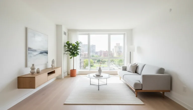 Wykończenie mieszkania pod klucz 2026 - nowoczesny jasny salon z drewnianą podłogą i białymi ścianami po remoncie
