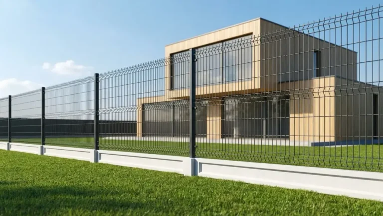 Nowoczesne ogrodzenie panelowe 3D z podmurówką betonową - ciemnoszare panele ogrodzeniowe na białej podmurówce z zieloną trawą i nowoczesnym domem w tle