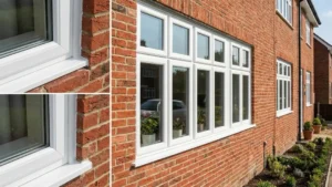 Okna PCV nowoczesna na białej elewacji - białe okna PCV z szybą trzyszykomorową zamontowane w murze z cegły