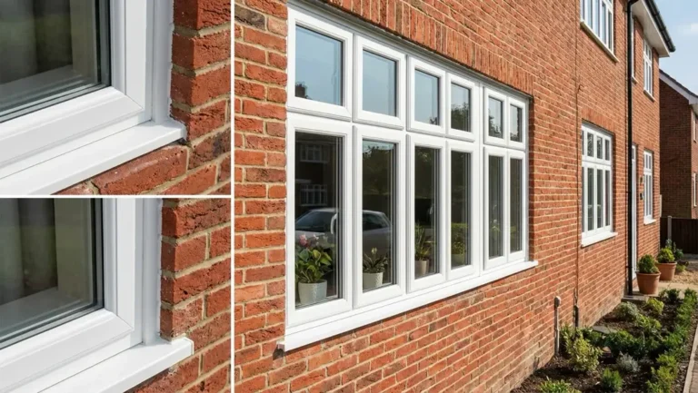 Okna PCV nowoczesna na białej elewacji - białe okna PCV z szybą trzyszykomorową zamontowane w murze z cegły