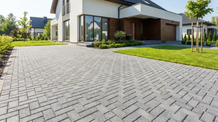 Parking z kostki brukowej szarej w układzie jodełki przed nowoczesnym domem - cennik 2026