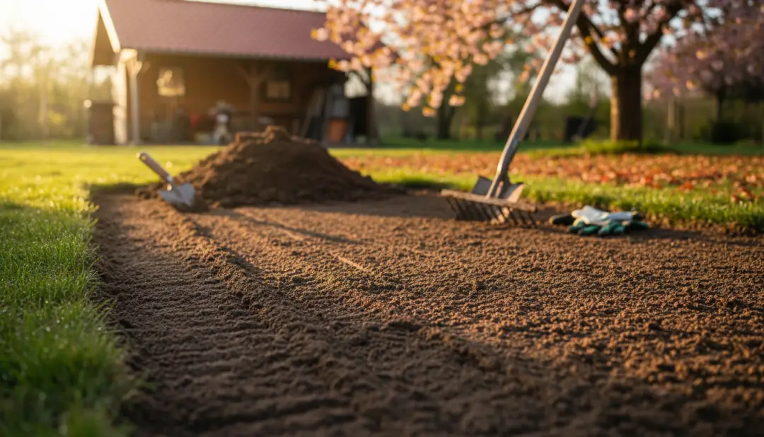 Przekopana i wyrównana gleba gotowa do siewu trawy wiosną z grabiami i narzędziami ogrodowymi w polskim ogrodzie