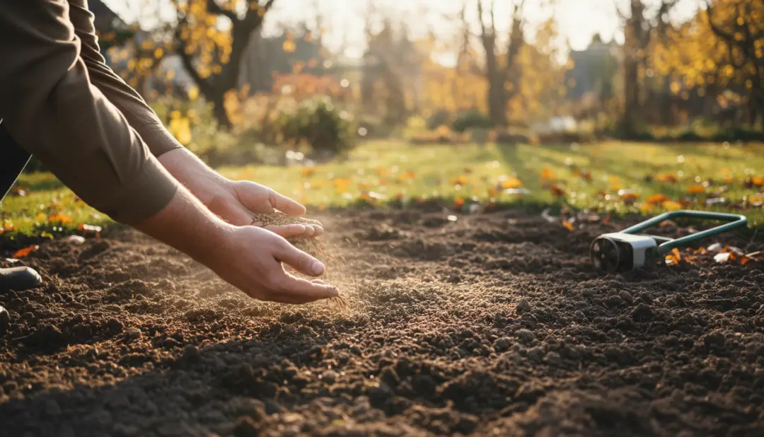 Ręczny siew nasion trawy na przygotowaną glebę jesienią - dłonie rozsypujące nasiona w polskim ogrodzie przydomowym