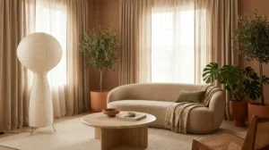 Trendy wnętrzarskie 2026 - nowoczesny salon w stylu Organic Modern z zaokrągloną sofą i stolikiem z trawertynu