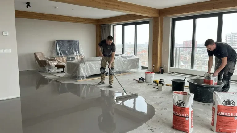 Wylewka samopoziomująca rozlewana na podłodze - rzemieślnik wylewa masę samopoziomującą na przygotowaną podłogę z siatka zbrojącą