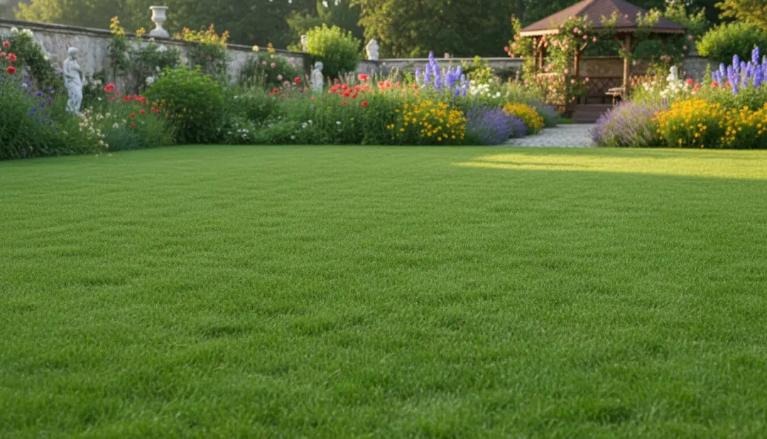 Gęsty zielony trawnik latem w polskim ogrodzie - efekt prawidłowego siewu trawy i pielęgnacji z kwiatami w tle