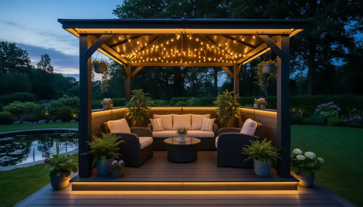 Piękna altana ogrodowa z wyposażeniem meble rattanowe oświetlenie LED lampki wieczorny klimat eleganckie wykończenie - koszt wyposażenia około 3000-5000 złotych