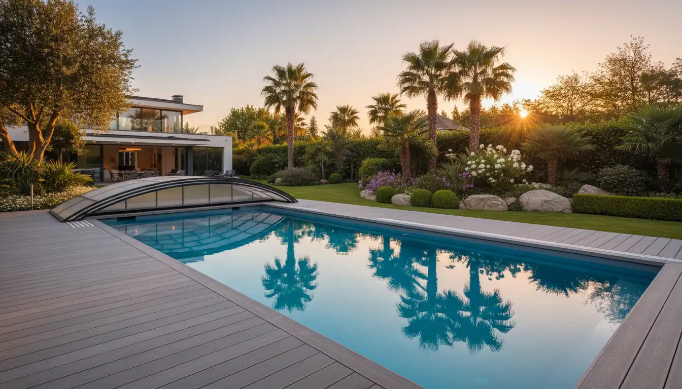 Basen ogrodowy z zadaszeniem przesuwnym z poliwęglanu i drewnianym tarasem kompozytowym oświetlony wieczorem