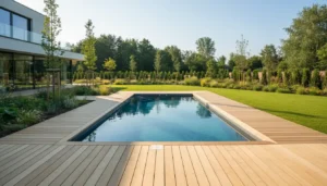Nowoczesny basen w ogrodzie kompozytowy 8x4m z drewnianym tarasem i niebieską wodą koszt budowy 2026