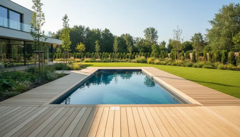 Nowoczesny basen w ogrodzie kompozytowy 8x4m z drewnianym tarasem i niebieską wodą koszt budowy 2026