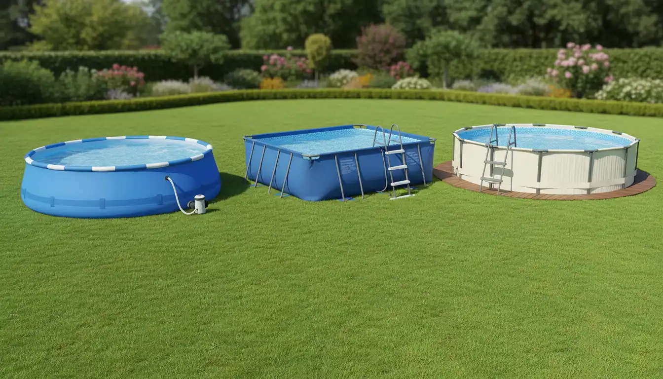Porównanie basenów naziemnych ogrodowych dmuchany stelażowy i stalowy na zielonym trawniku