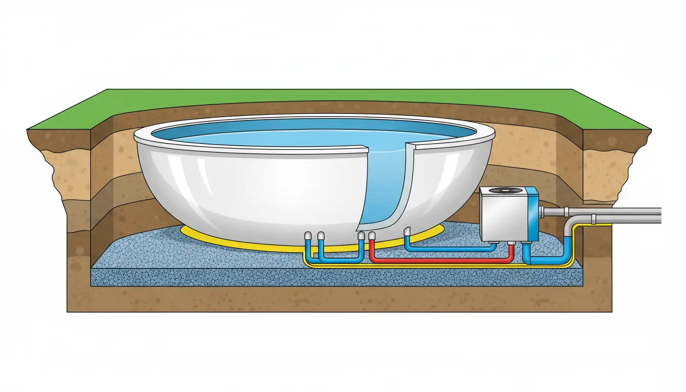 Przekrój budowy basenu kompozytowego w ziemi z systemem filtracji pompą ciepła i podłożem żwirowym