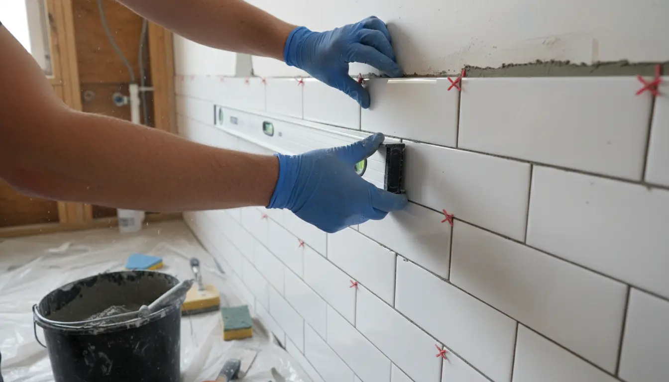 Glazurnik układający płytki ceramiczne w łazience podczas remontu - koszt robocizny od 125 do 195 zł za metr kwadratowy