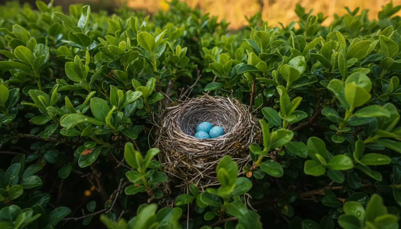 Gniazdo ptaka z jajkami ukryte w gęstym żywopłocie - okres lęgowy ptaków ochrona przyrody Polska
