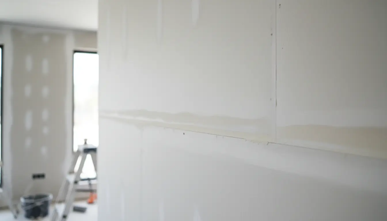 Gotowa ściana z płyt GK po szpachlowaniu spoin widoczne wyrównane złącza przed szlifowaniem i malowaniem