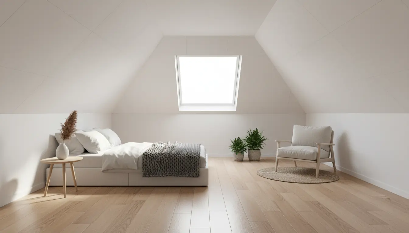 Gotowe ocieplone poddasze użytkowe wykończone płytami gipsowo-kartonowymi z oknem dachowym