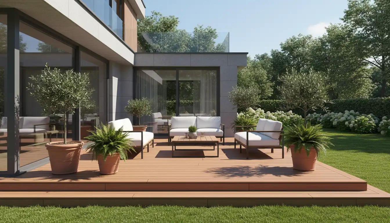 Gotowy taras z desek kompozytowych przy nowoczesnym domu z meblami ogrodowymi i roślinami w słoneczny letni dzień