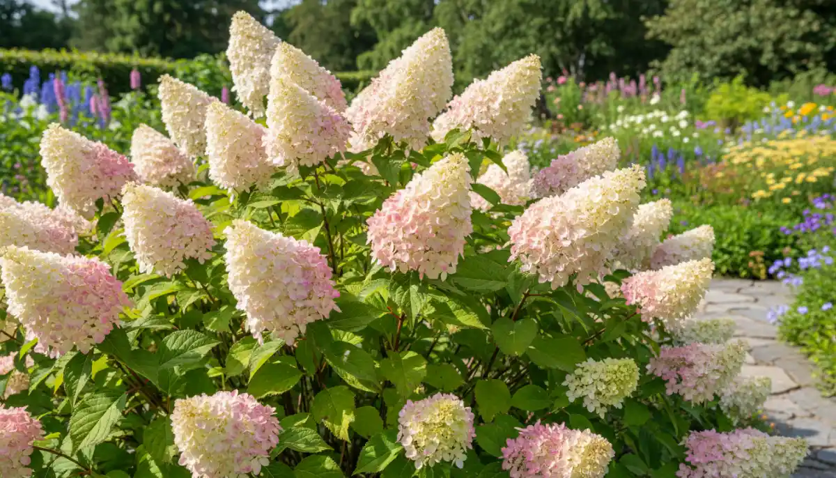 Kwitnąca hortensja bukietowa biało-różowa ze stożkowatymi kwiatostanami w letnim ogrodzie