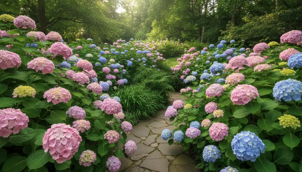 Kwitnące hortensje ogrodowe w ogrodzie - różowe i niebieskie kuliste kwiatostany, sadzenie hortensji wiosną 2026