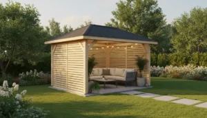 Nowoczesna drewniana altana ogrodowa 4x4 metry z gontem bitumicznym częściowymi ścianami bocznymi i meblami ogrodowymi - koszt budowy altany 2026 około 6500 złotych