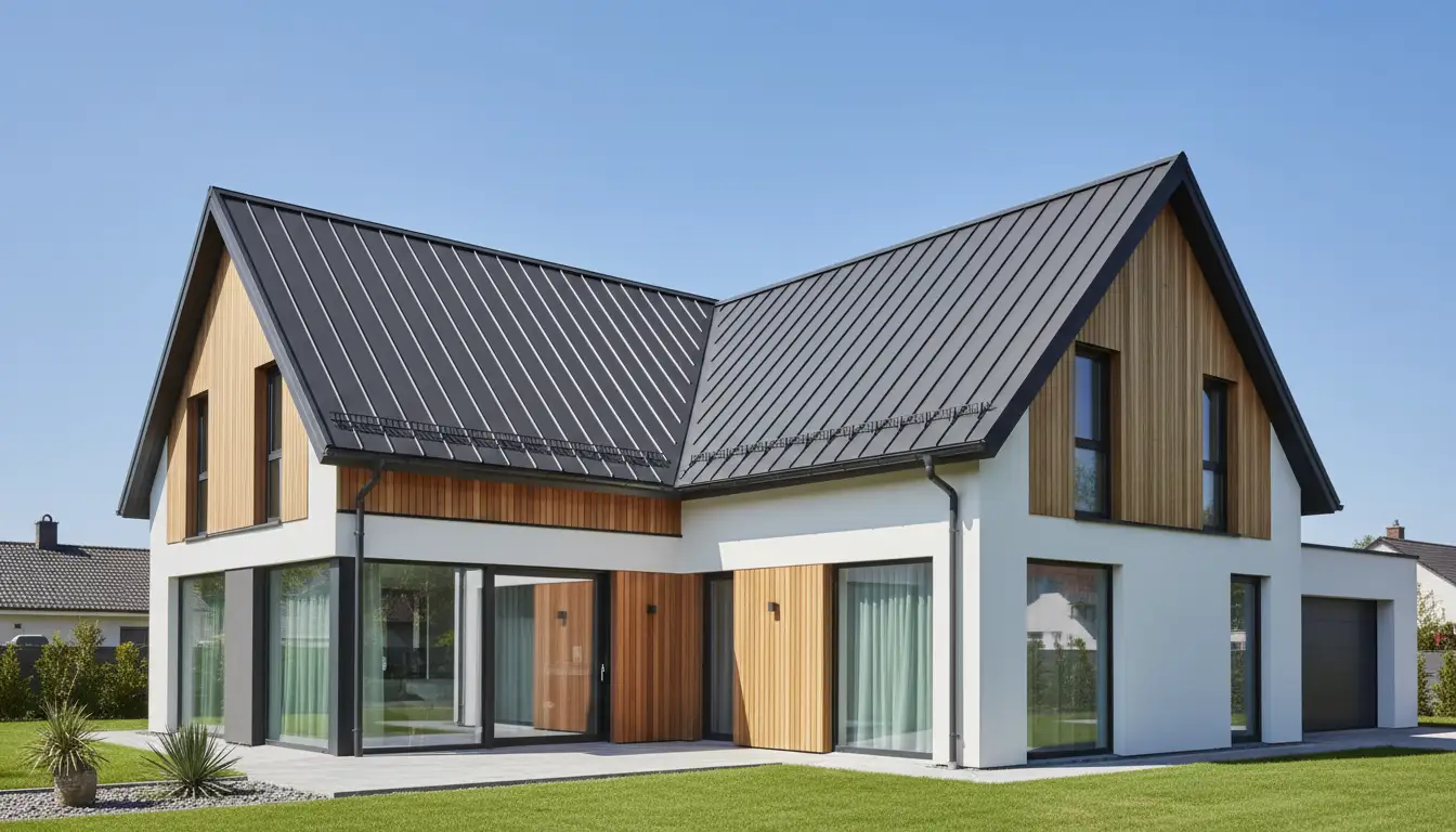Nowoczesny dom jednorodzinny z dachem dwuspadowym pokrytym grafitową blachodachówką - odpowiedź na pytanie ile kosztuje dach dwuspadowy 2026 z blachy