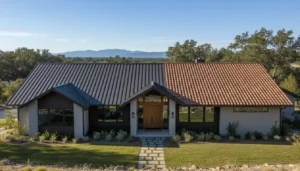 Porównanie dwóch domów z dachem dwuspadowym - po lewej blacha grafitowa, po prawej dachówka ceramiczna - cennik 2026 ile kosztuje dach dwuspadowy