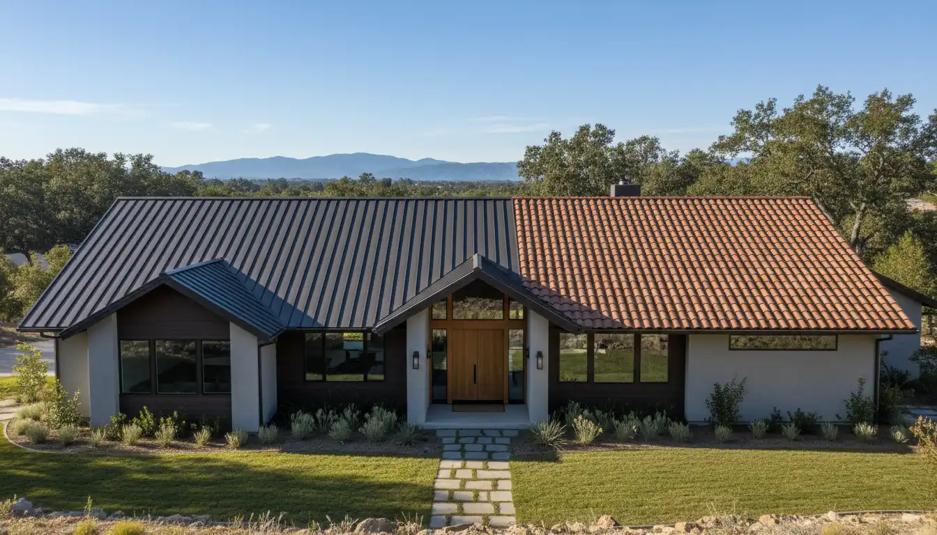 Porównanie dwóch domów z dachem dwuspadowym - po lewej blacha grafitowa, po prawej dachówka ceramiczna - cennik 2026 ile kosztuje dach dwuspadowy