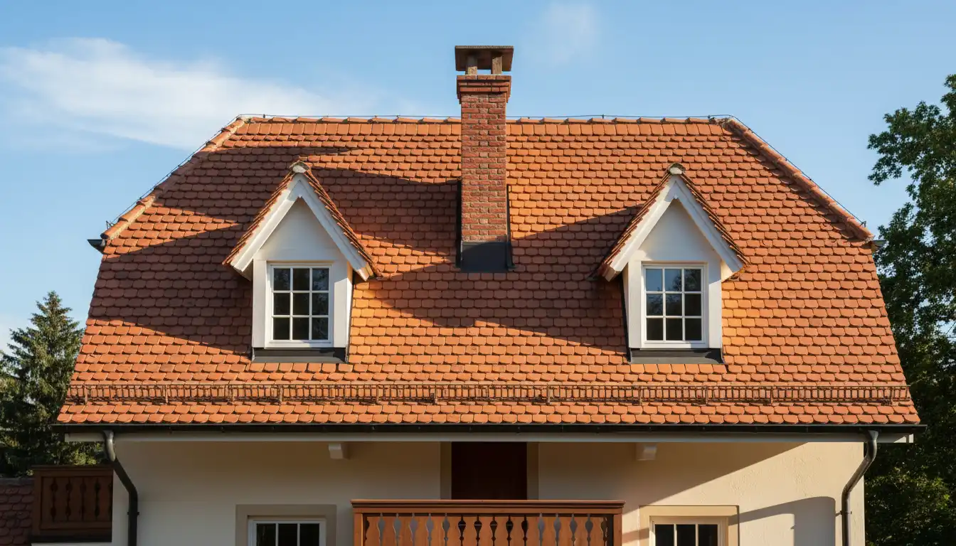 Tradycyjny dach dwuspadowy z czerwoną dachówką ceramiczną z widocznymi kominami i oknami dachowymi - koszt dachu ceramicznego 2026 w Polsce