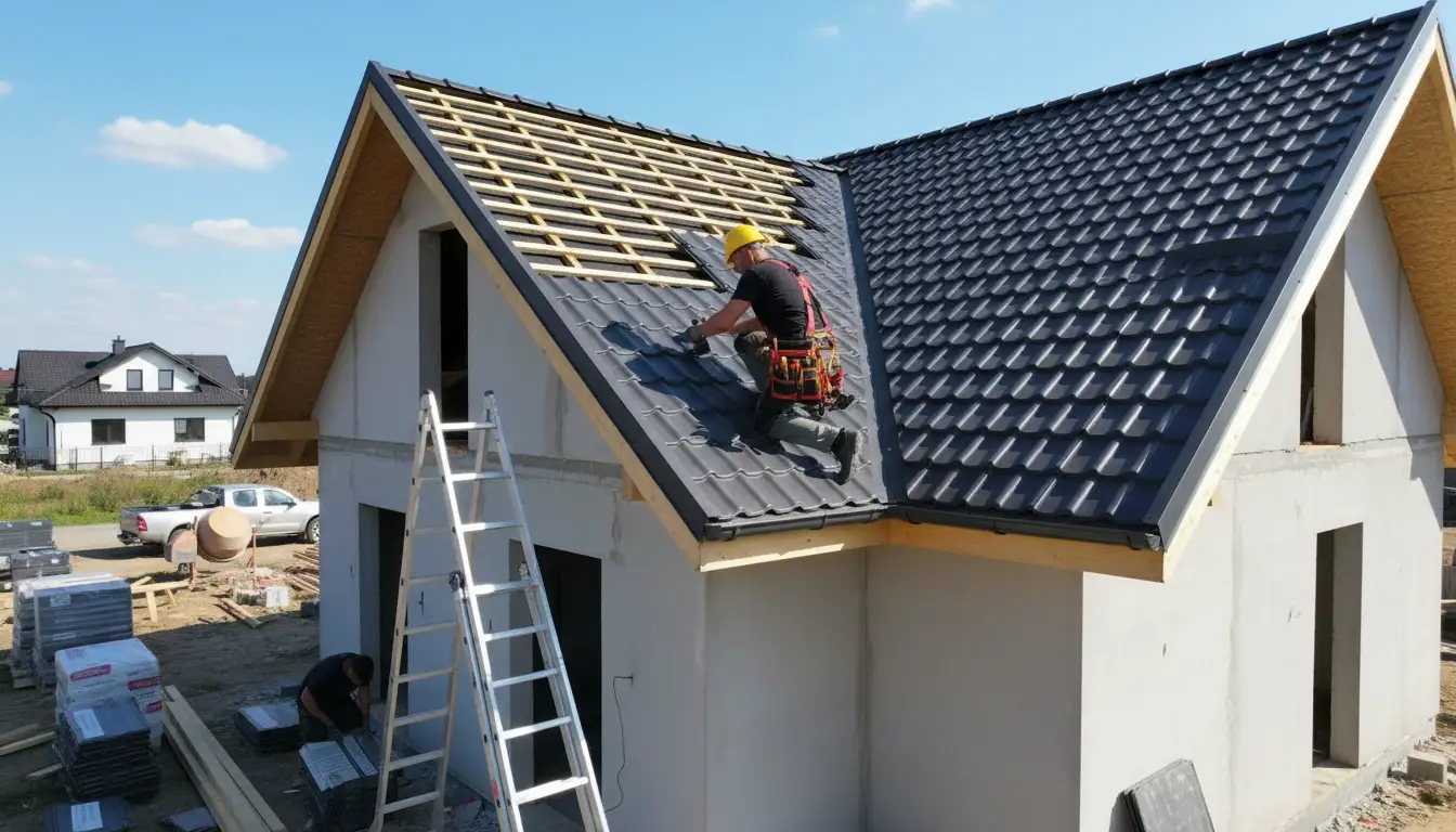 Profesjonalny dekarz montujący grafitową blachodachówkę na dachu dwuspadowym z widocznymi narzędziami - robocizna montażu pokrycia dachowego 2026
