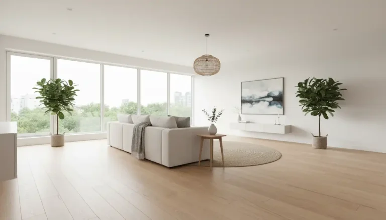 Nowoczesny salon z panelami podłogowymi w kolorze jasnego dębu - koszt położenia paneli w 2026 roku od 97 do 193 zł za metr kwadratowy
