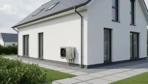 Ile kosztuje pompa ciepła 2026 - nowoczesna powietrzna pompa ciepła zamontowana przy białym domu jednorodzinnym, koszt montażu i instalacji