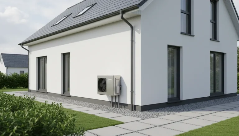 Ile kosztuje pompa ciepła 2026 - nowoczesna powietrzna pompa ciepła zamontowana przy białym domu jednorodzinnym, koszt montażu i instalacji