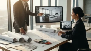 Profesjonalna konsultacja ile kosztuje projekt wnętrza - architekt pokazuje klientowi wizualizacje 3D i plany architektoniczne mieszkania podczas spotkania w biurze projektowym