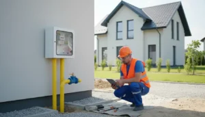 Instalacja przyłącza gazowego do domu jednorodzinnego - widok na szafkę gazową z licznikiem i żółte rury polietylenowe na elewacji budynku mieszkalnego