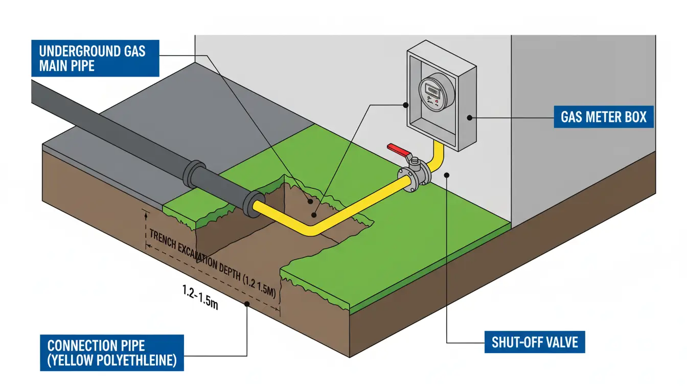 Schemat techniczny przyłącza gazowego od magistrali do domu - przekrój gruntu pokazujący rury polietylenowe, głębokość wykopu i szafkę gazową na ścianie