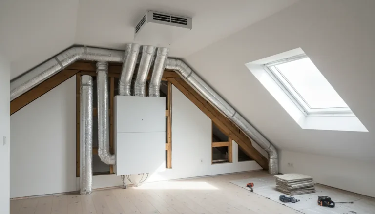 Nowoczesna centrala wentylacyjna z odzyskiem ciepła (rekuperator) zamontowana na poddaszu domu jednorodzinnego - ile kosztuje rekuperacja w domu 2026 cennik instalacji z montażem