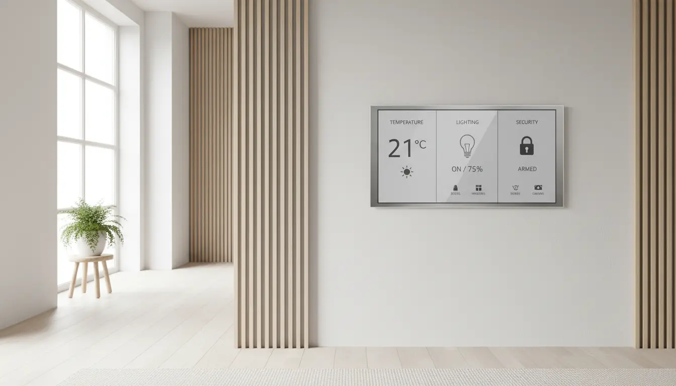 Nowoczesny panel sterowania smart home zamontowany na ścianie w skandynawskim wnętrzu pokazujący koszty automatyzacji inteligentnego domu 2026