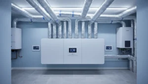 Nowoczesny rekuperator wentylacji mechanicznej z odzyskiem ciepła zamontowany w pomieszczeniu technicznym domu jednorodzinnego - centrala wentylacyjna z przyłączonymi kanałami wentylacyjnymi i systemem kontroli temperatury