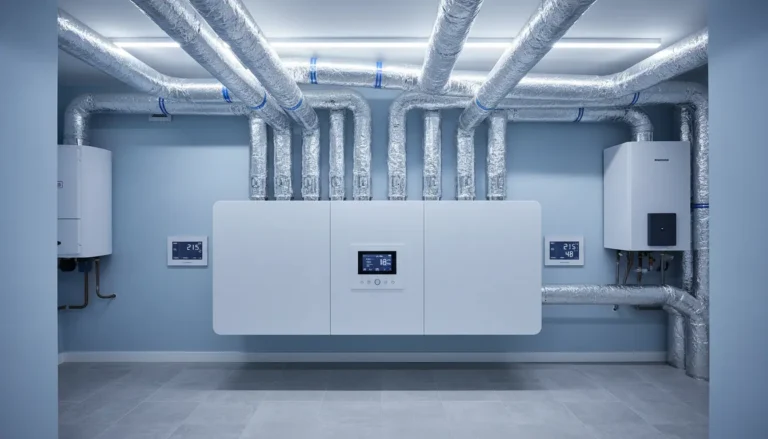 Nowoczesny rekuperator wentylacji mechanicznej z odzyskiem ciepła zamontowany w pomieszczeniu technicznym domu jednorodzinnego - centrala wentylacyjna z przyłączonymi kanałami wentylacyjnymi i systemem kontroli temperatury