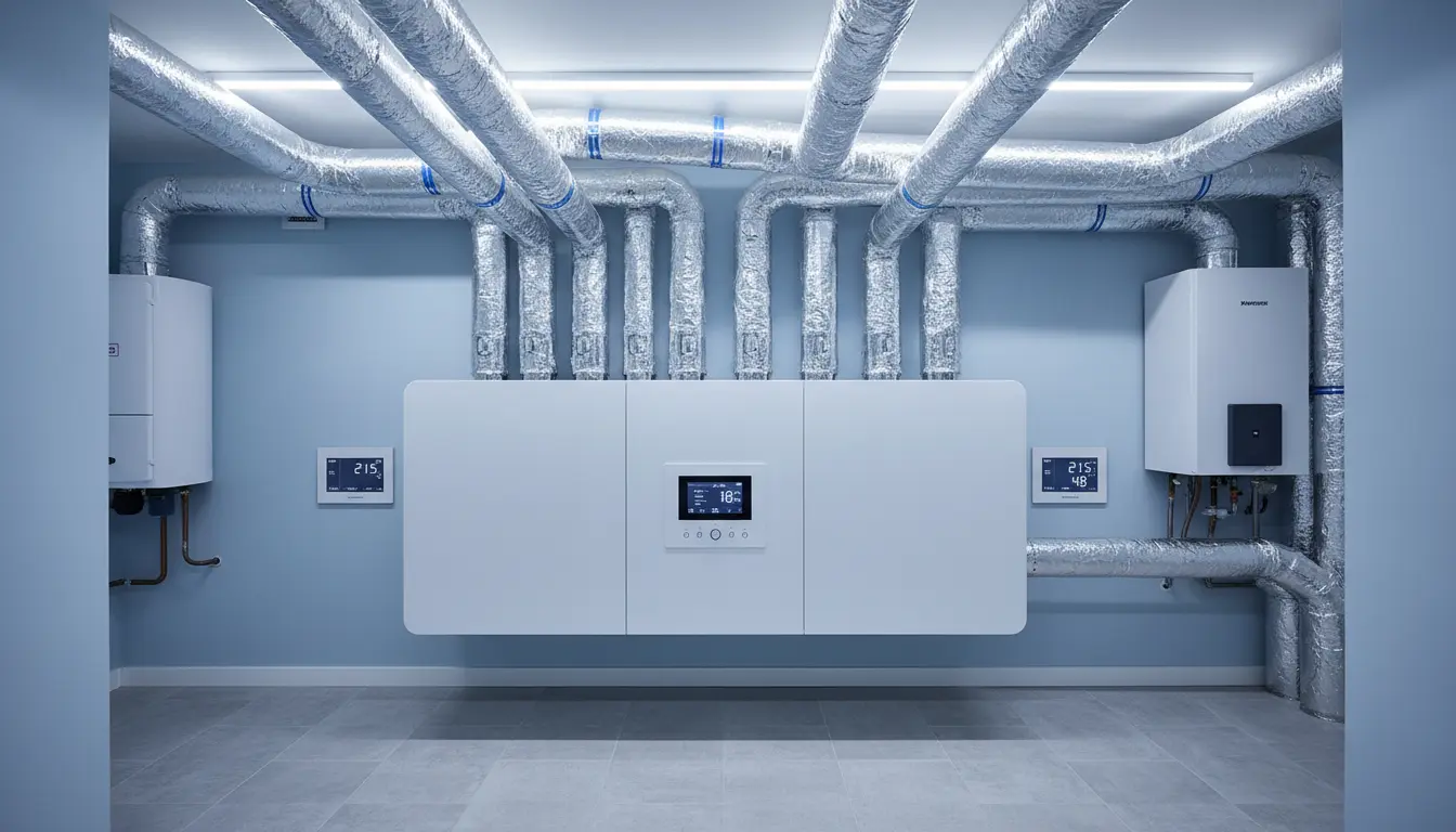 Nowoczesny rekuperator wentylacji mechanicznej z odzyskiem ciepła zamontowany w pomieszczeniu technicznym domu jednorodzinnego - centrala wentylacyjna z przyłączonymi kanałami wentylacyjnymi i systemem kontroli temperatury