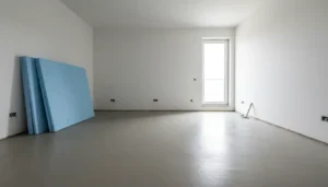 Nowoczesne wnętrze mieszkania po remoncie z widoczną gładką powierzchnią świeżo wykonanej wylewki betonowej tradycyjnej grubości 6 cm - koszt około 50-90 PLN za metr kwadratowy w 2026 roku