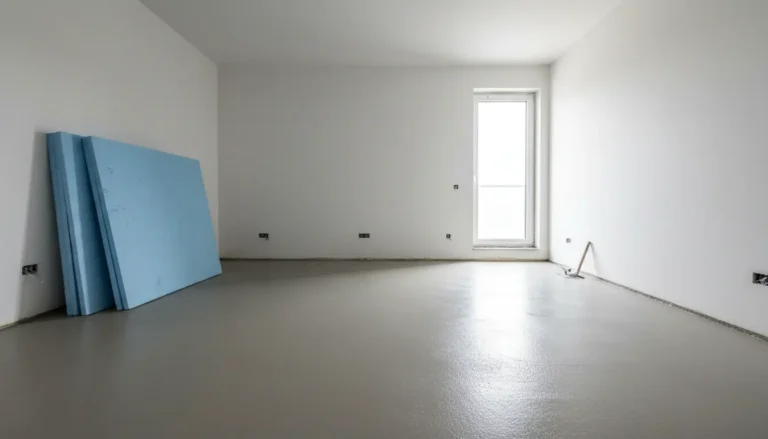 Nowoczesne wnętrze mieszkania po remoncie z widoczną gładką powierzchnią świeżo wykonanej wylewki betonowej tradycyjnej grubości 6 cm - koszt około 50-90 PLN za metr kwadratowy w 2026 roku