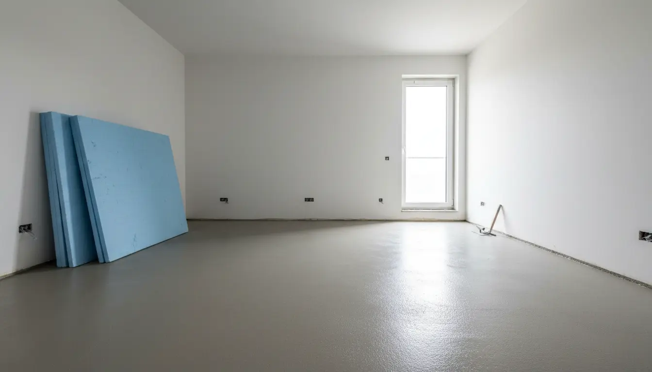 Nowoczesne wnętrze mieszkania po remoncie z widoczną gładką powierzchnią świeżo wykonanej wylewki betonowej tradycyjnej grubości 6 cm - koszt około 50-90 PLN za metr kwadratowy w 2026 roku